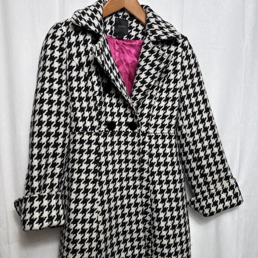 Y2K Express Wool Houndstooth Pea Coat Womens Small EUC Baby Doll Style Outerwear - Picture 3 of 12